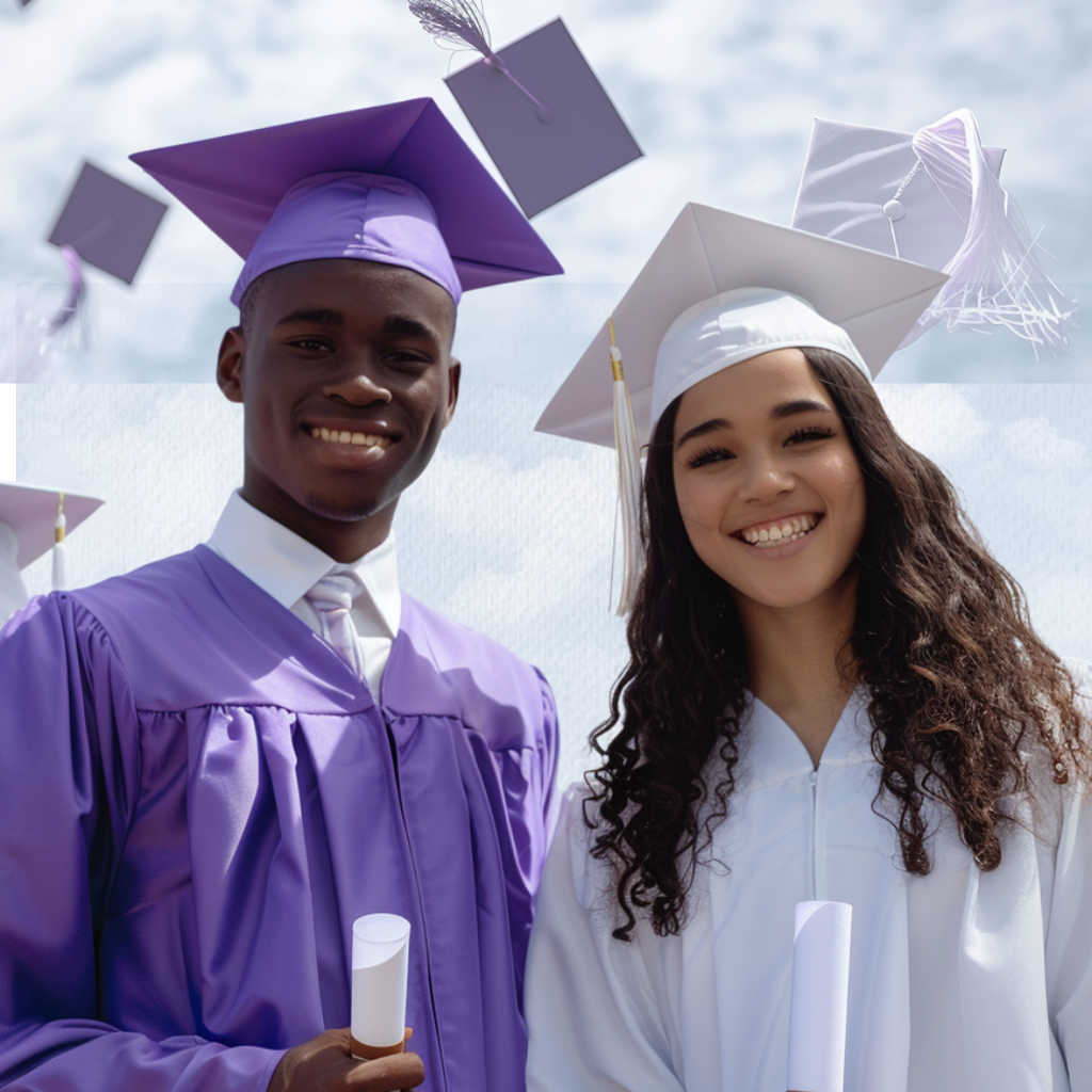 Two smiling graduates in purple and white gowns holding diplomas, with graduation caps flying in the blue sky behind them.