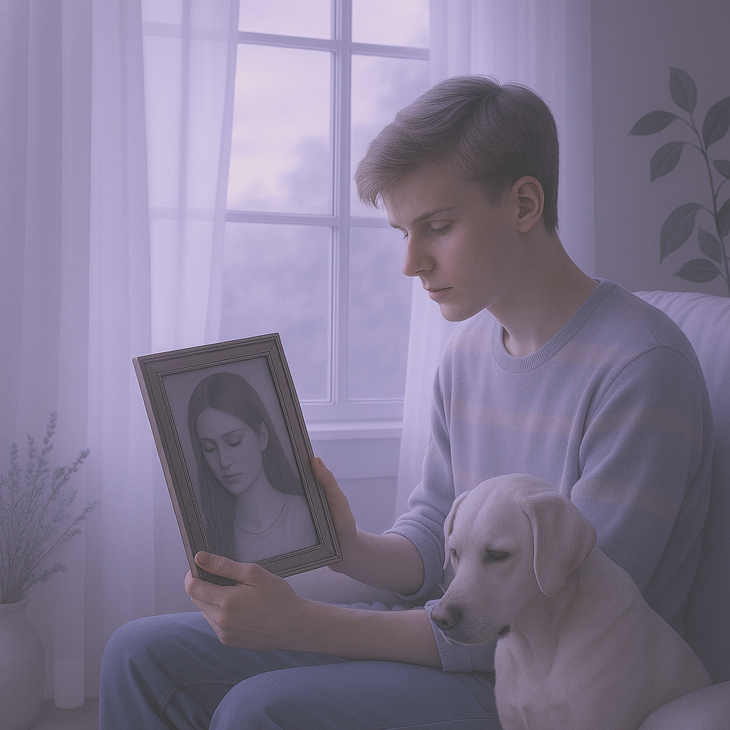 A young man sits quietly in soft lavender light, gently holding a framed photo of a woman. The tender moment evokes memory, longing, and love that still lingers.
