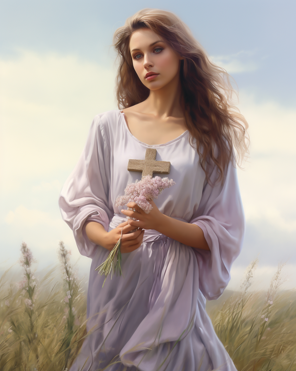 A young woman in a soft lavender dress gently holding a wooden cross and wildflowers, standing in a field under a peaceful sky. A quiet image of faith, grace, and spiritual strength.
