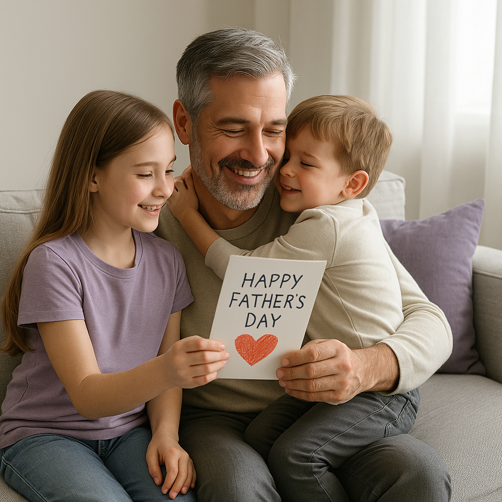 Smiling father sitting on a couch, holding a handmade Father’s Day card with a red heart, while his young daughter and son hug him lovingly. A warm and joyful family moment full of love and gratitude.