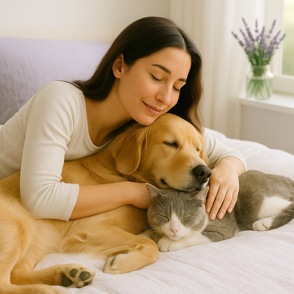 A warm, soft-toned photo of a woman peacefully resting with her golden retriever and cat beside her on a light lavender pillow, capturing the gentle love between pets and their owner.