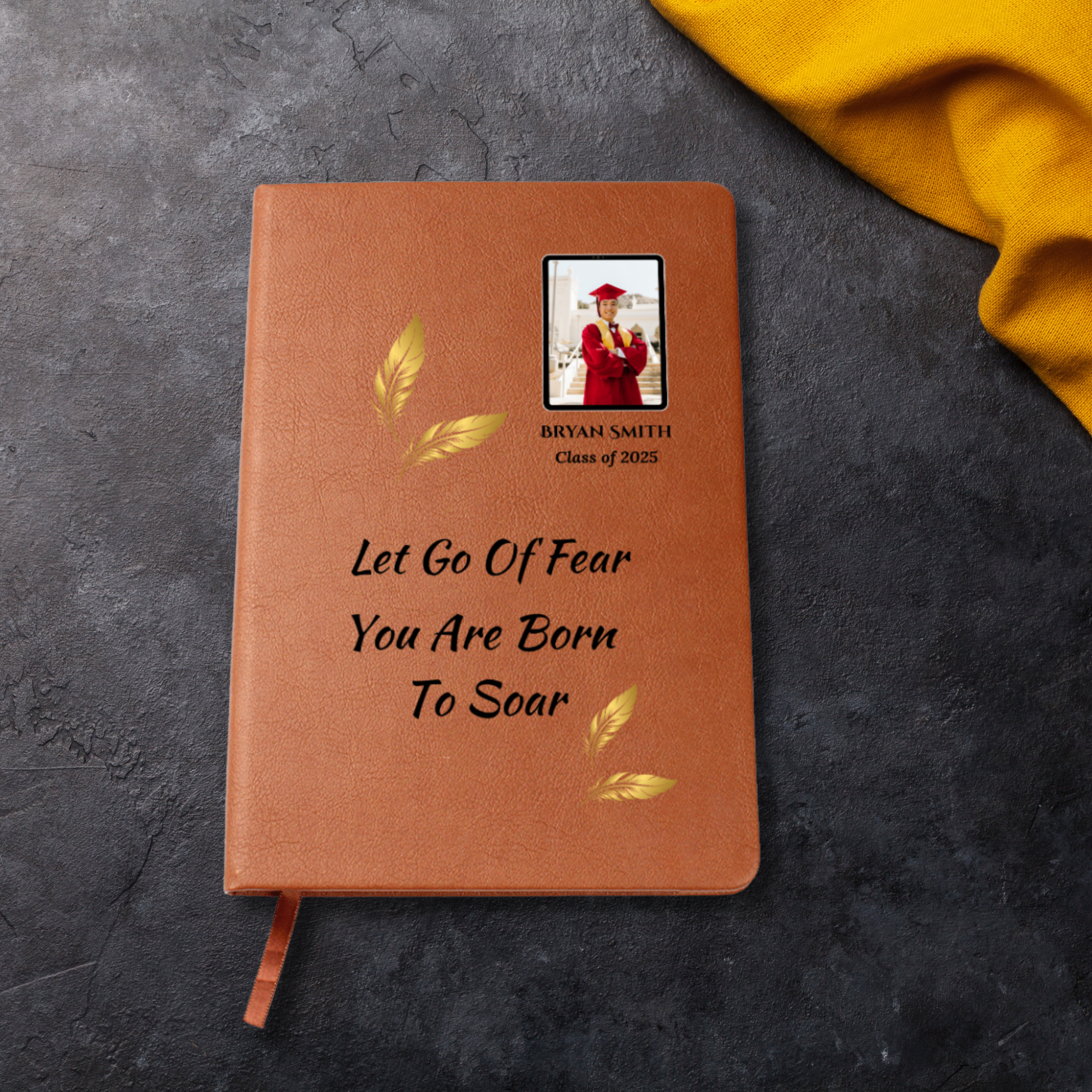 Personalized Graphic Leather Journal  Graduation Gift  For  Son or Daughter – “Let Go of Fear, You Are Born to Soar” with Custom Photo & Name