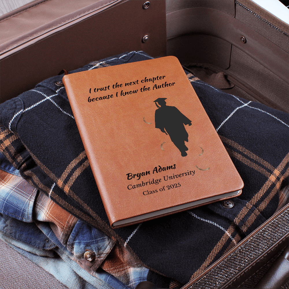 Personalized Vegan Leather Graphic Journal Graduation  Gift for Him “I Trust the Next Chapter” | Custom Name, School & Year | Christian Gift for Class of 2025