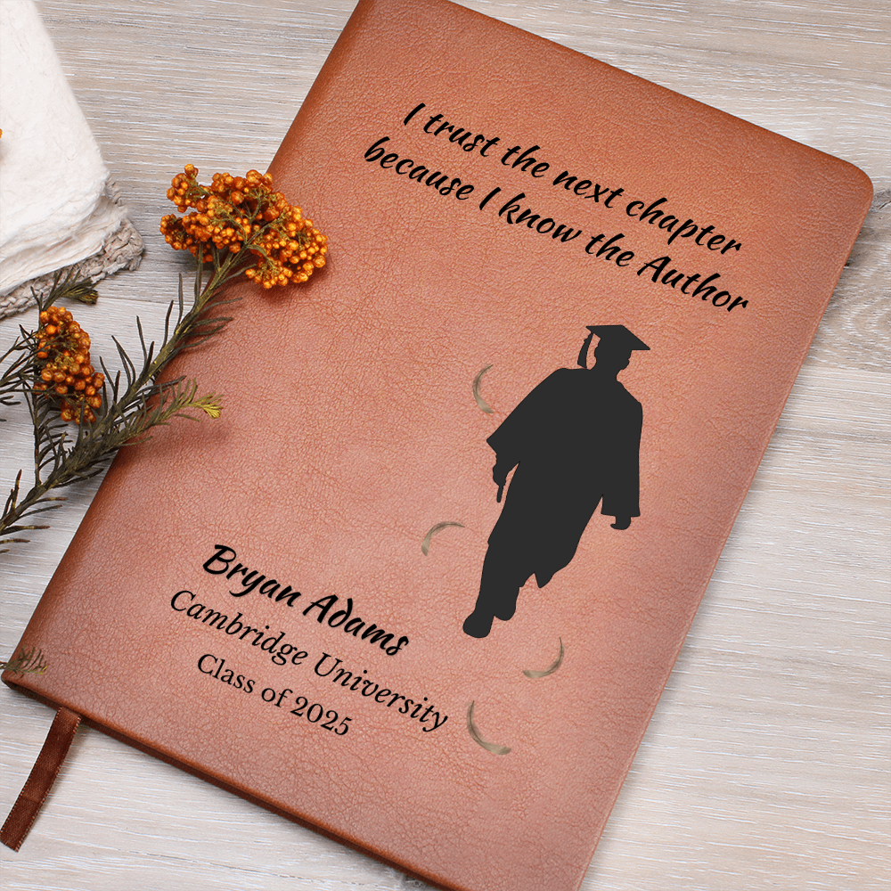 Personalized Vegan Leather Graphic Journal Graduation  Gift for Him “I Trust the Next Chapter” | Custom Name, School & Year | Christian Gift for Class of 2025