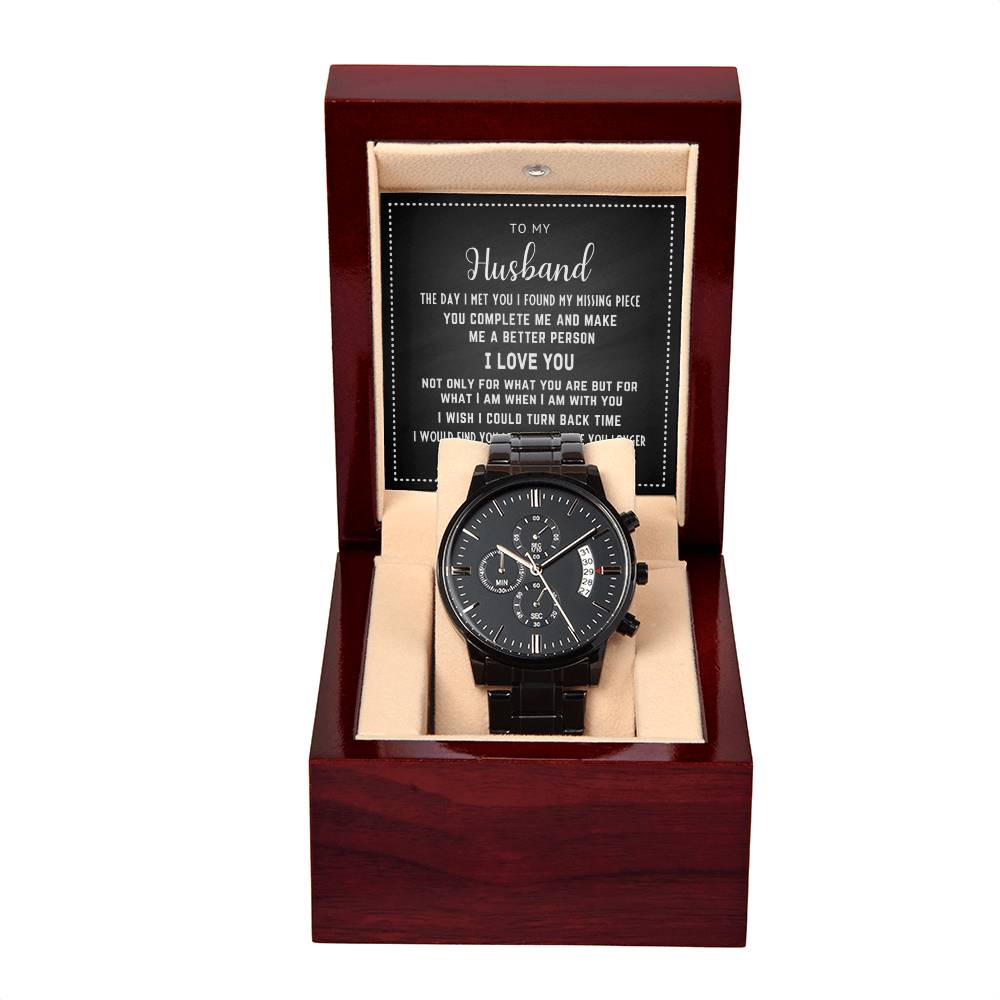 To My Husband - Black Chronograph Watch with Message Card