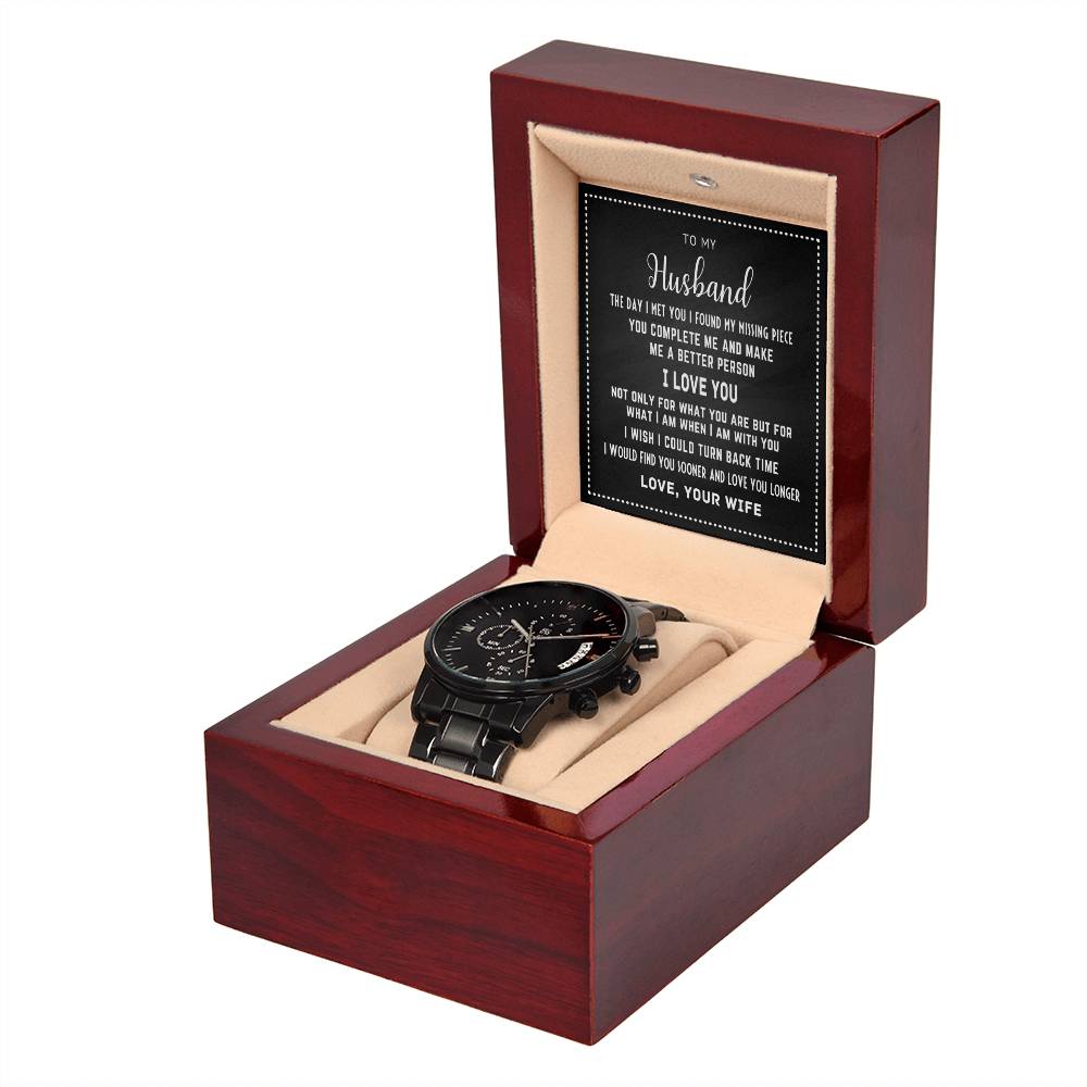 To My Husband - Black Chronograph Watch with Message Card