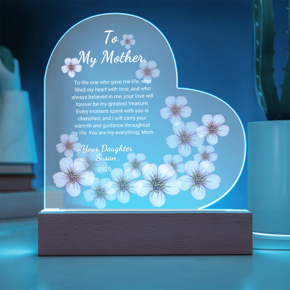 "Personalized Sakura Acrylic Plaque | Custom LED Heart Design | Perfect Gift for Mother’s Day, Anniversaries, and Birthdays