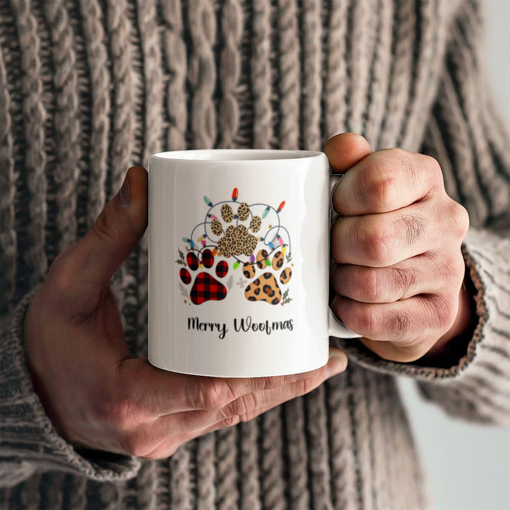 Festive Christmas Paw Print Mug for Pet Lovers. Customize coffee mug