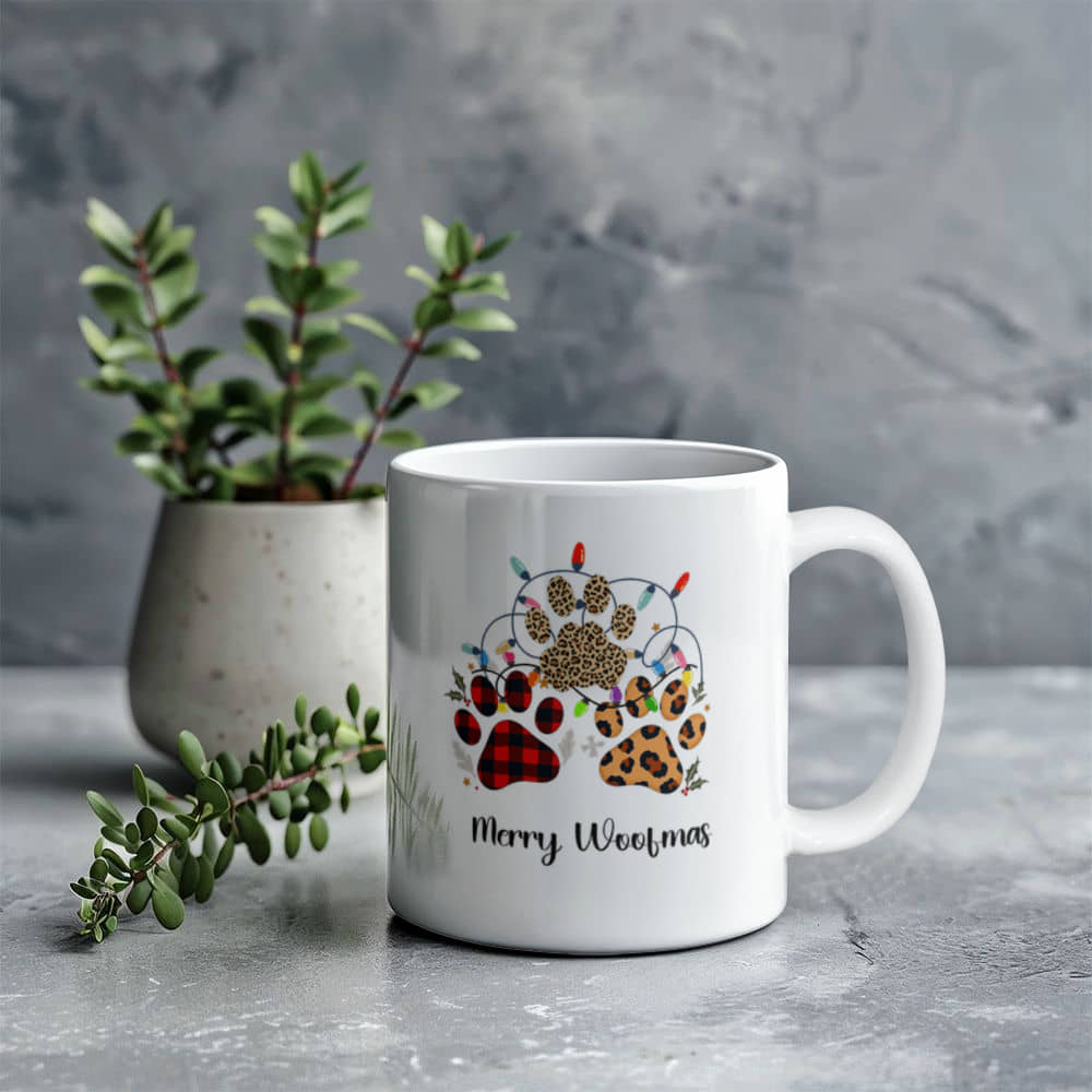 Festive Christmas Paw Print Mug for Pet Lovers. Customize coffee mug