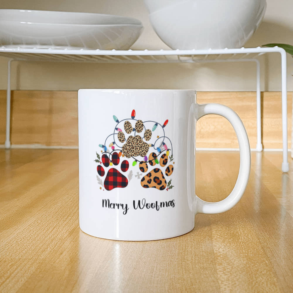 Festive Christmas Paw Print Mug for Pet Lovers. Customize coffee mug