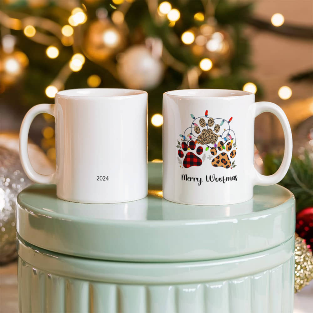 Festive Christmas Paw Print Mug for Pet Lovers. Customize coffee mug