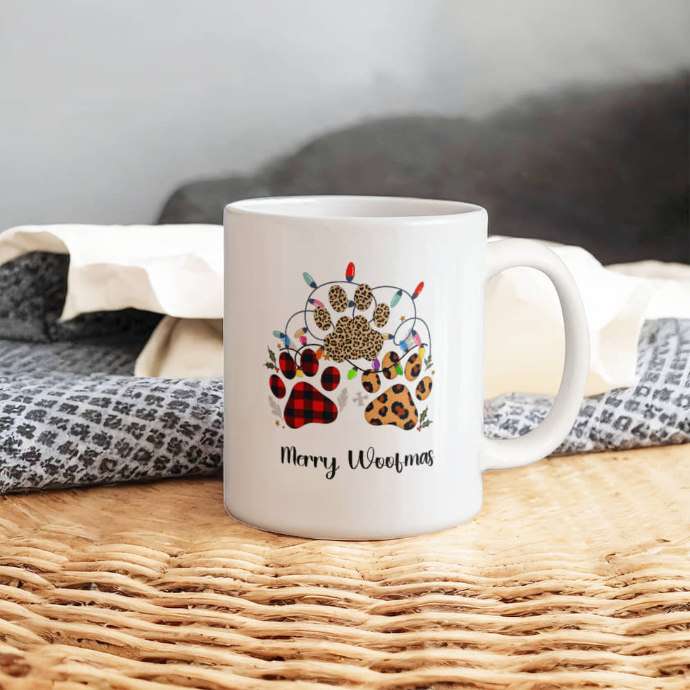 Festive Christmas Paw Print Mug for Pet Lovers. Customize coffee mug