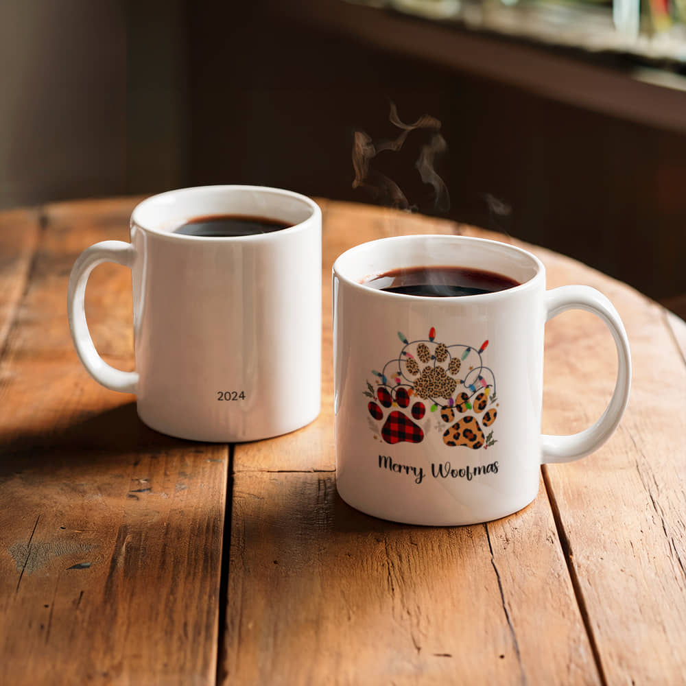 Festive Christmas Paw Print Mug for Pet Lovers. Customize coffee mug