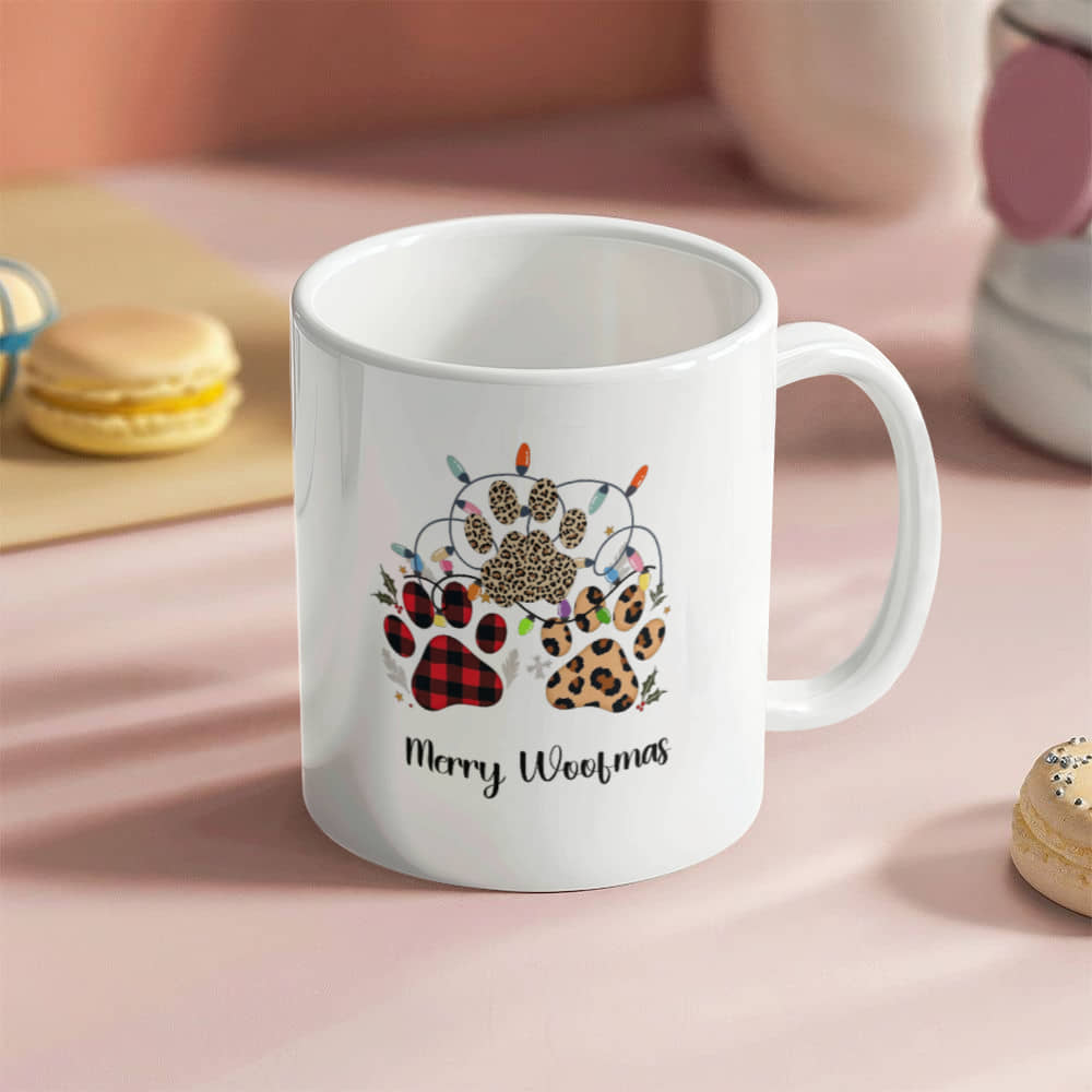 Festive Christmas Paw Print Mug for Pet Lovers. Customize coffee mug