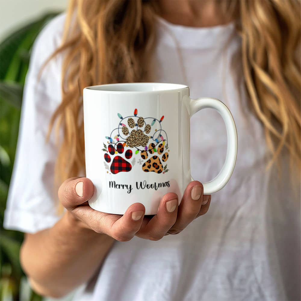 Festive Christmas Paw Print Mug for Pet Lovers. Customize coffee mug