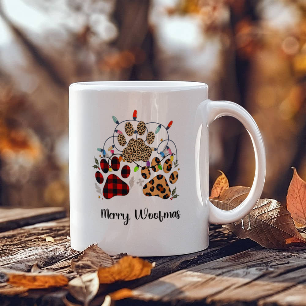 Festive Christmas Paw Print Mug for Pet Lovers. Customize coffee mug