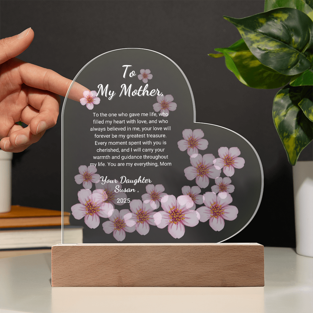 "Personalized Sakura Acrylic Plaque | Custom LED Heart Design | Perfect Gift for Mother’s Day, Anniversaries, and Birthdays