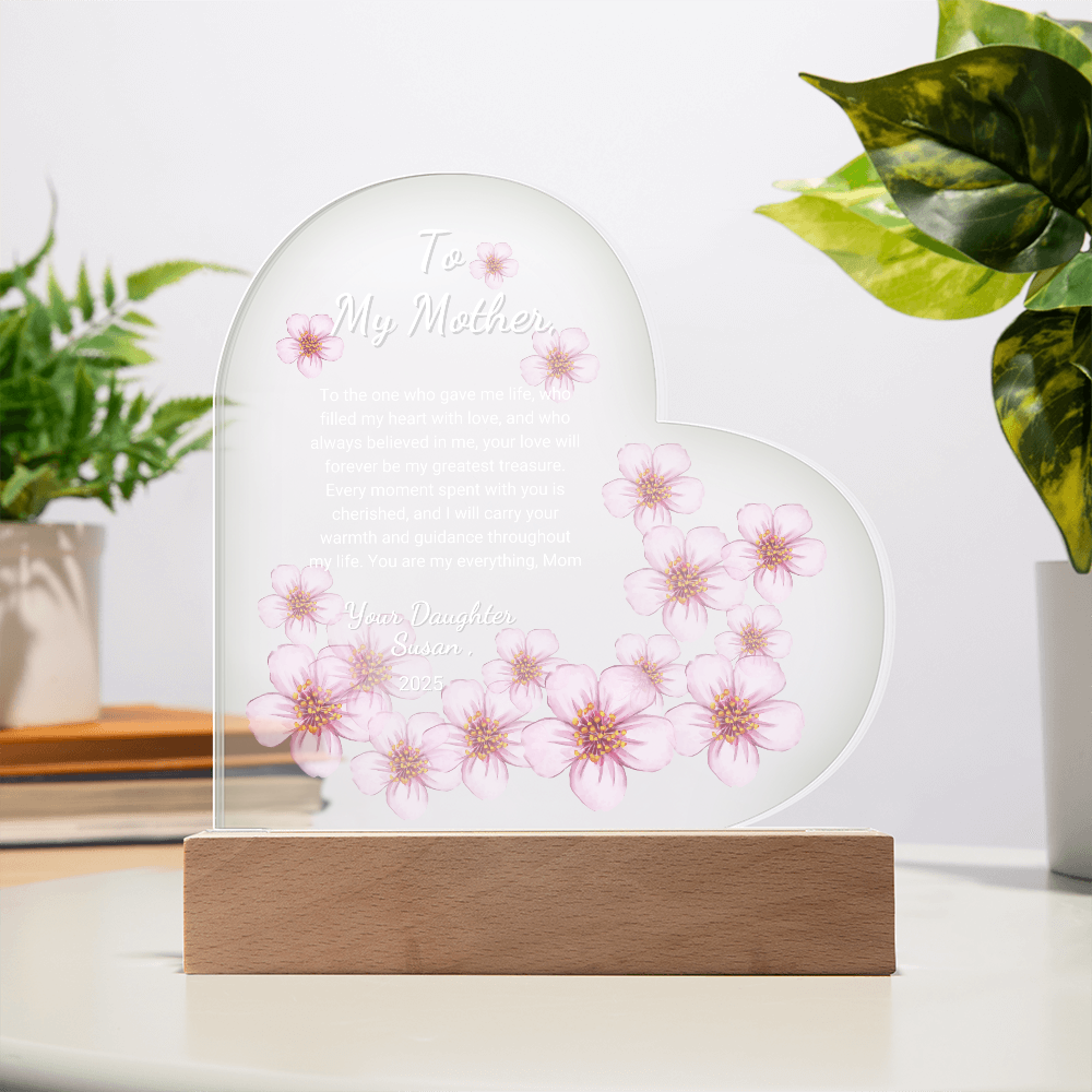 "Personalized Sakura Acrylic Plaque | Custom LED Heart Design | Perfect Gift for Mother’s Day, Anniversaries, and Birthdays