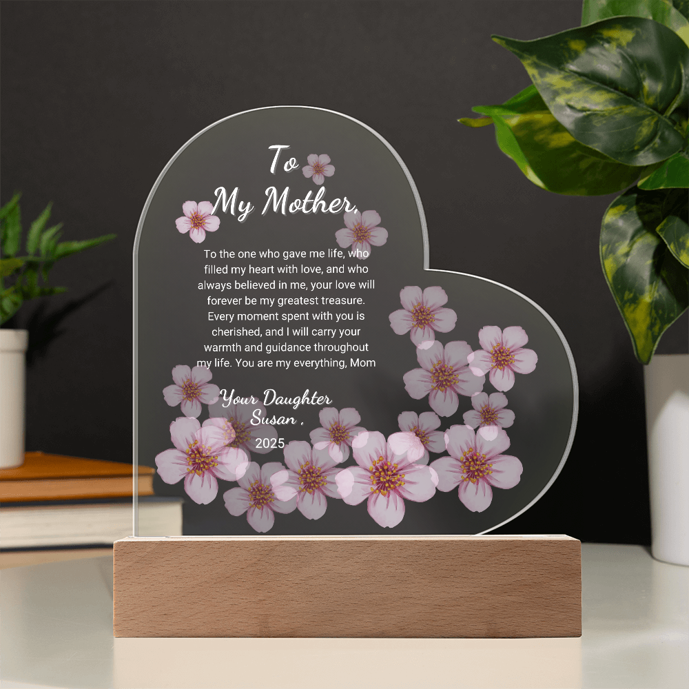 "Personalized Sakura Acrylic Plaque | Custom LED Heart Design | Perfect Gift for Mother’s Day, Anniversaries, and Birthdays