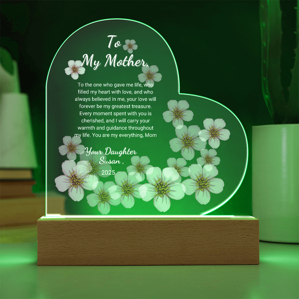 "Personalized Sakura Acrylic Plaque | Custom LED Heart Design | Perfect Gift for Mother’s Day, Anniversaries, and Birthdays