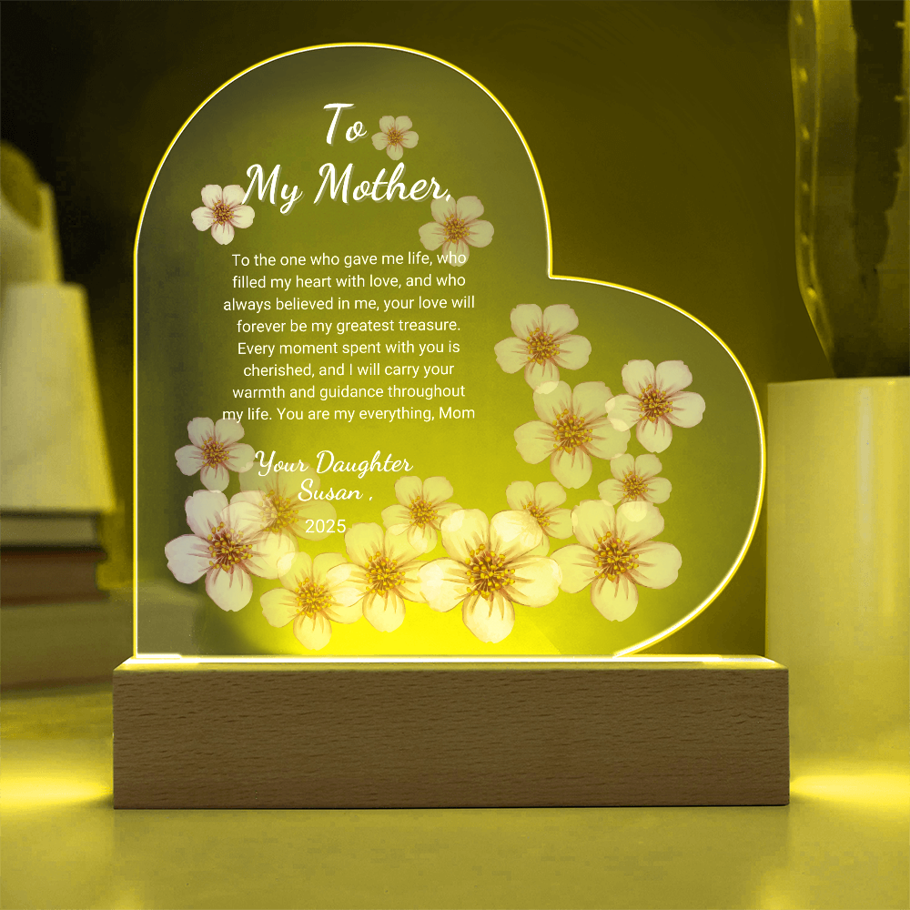 "Personalized Sakura Acrylic Plaque | Custom LED Heart Design | Perfect Gift for Mother’s Day, Anniversaries, and Birthdays