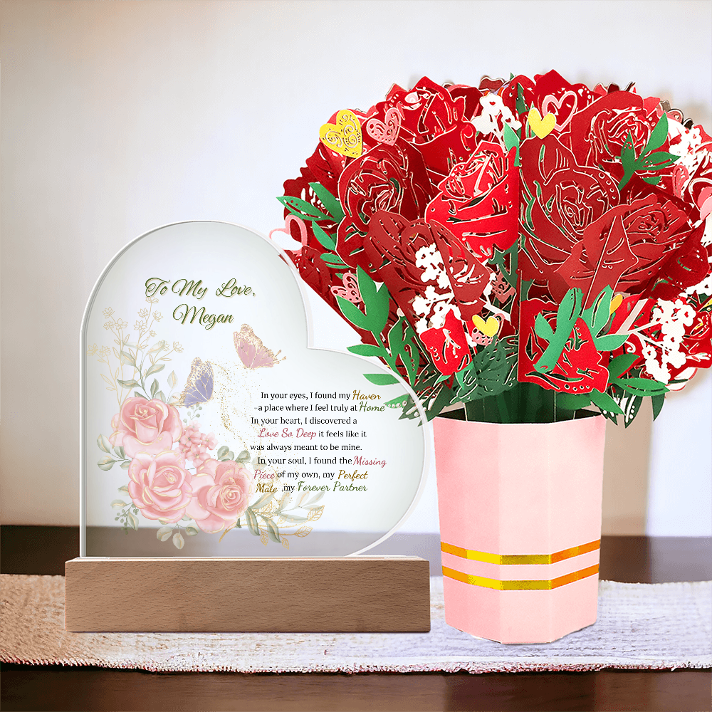 Blooming Devotion: Heart Acrylic Plaque and Floral Gift Set. Valentine's Day Gift For WIfe, For Soulmate