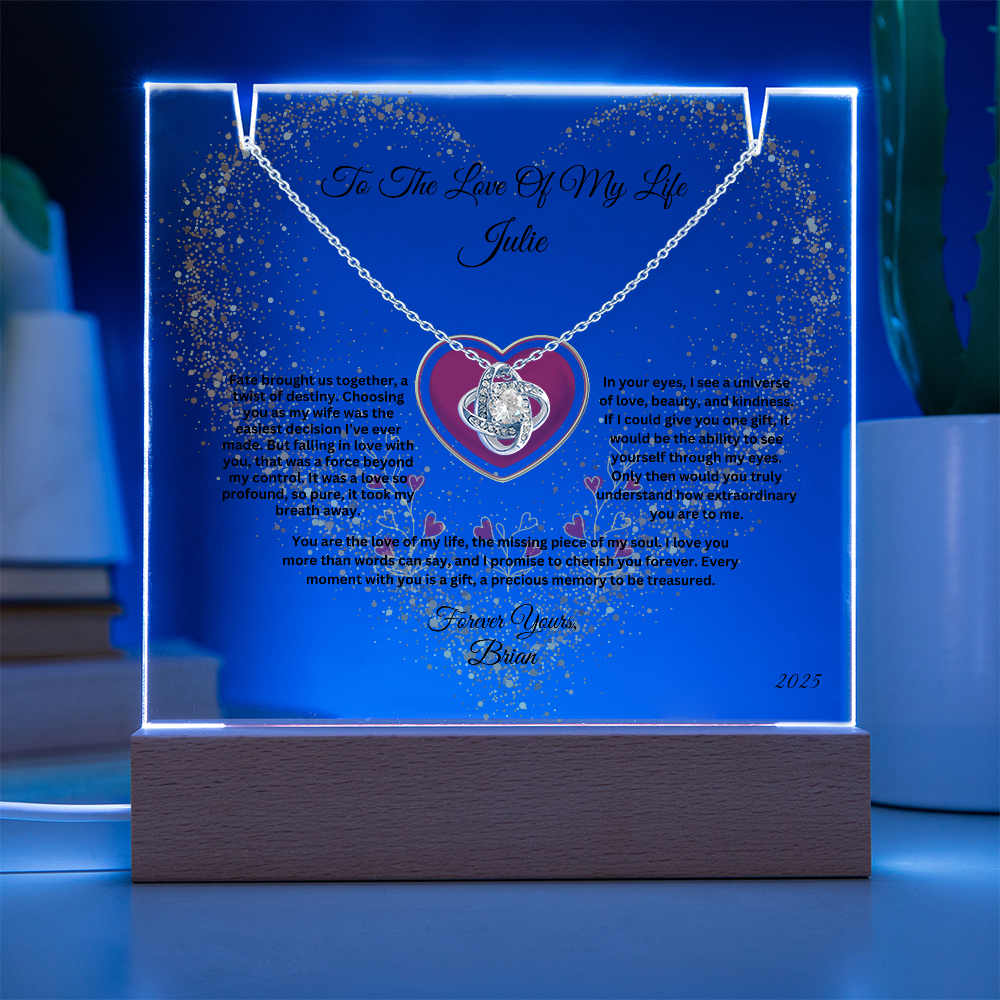 Personalized Love Knot Necklace on LED Keepsake Acrylic  Plaque Bundle Display – Anniversary, Birthday or Valentine's Day Gift for WIfe, for Soulmate