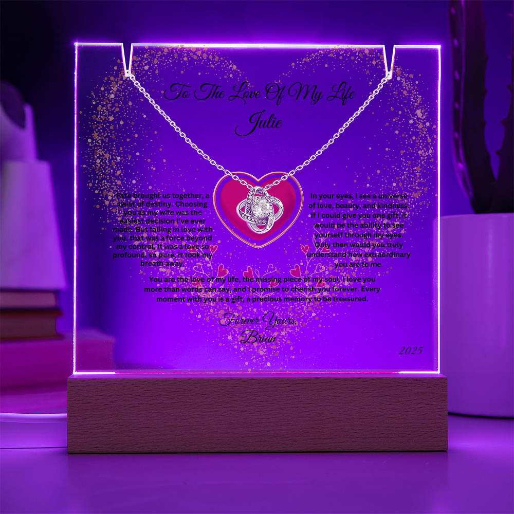 Personalized Love Knot Necklace on LED Keepsake Acrylic  Plaque Bundle Display – Anniversary, Birthday or Valentine's Day Gift for WIfe, for Soulmate