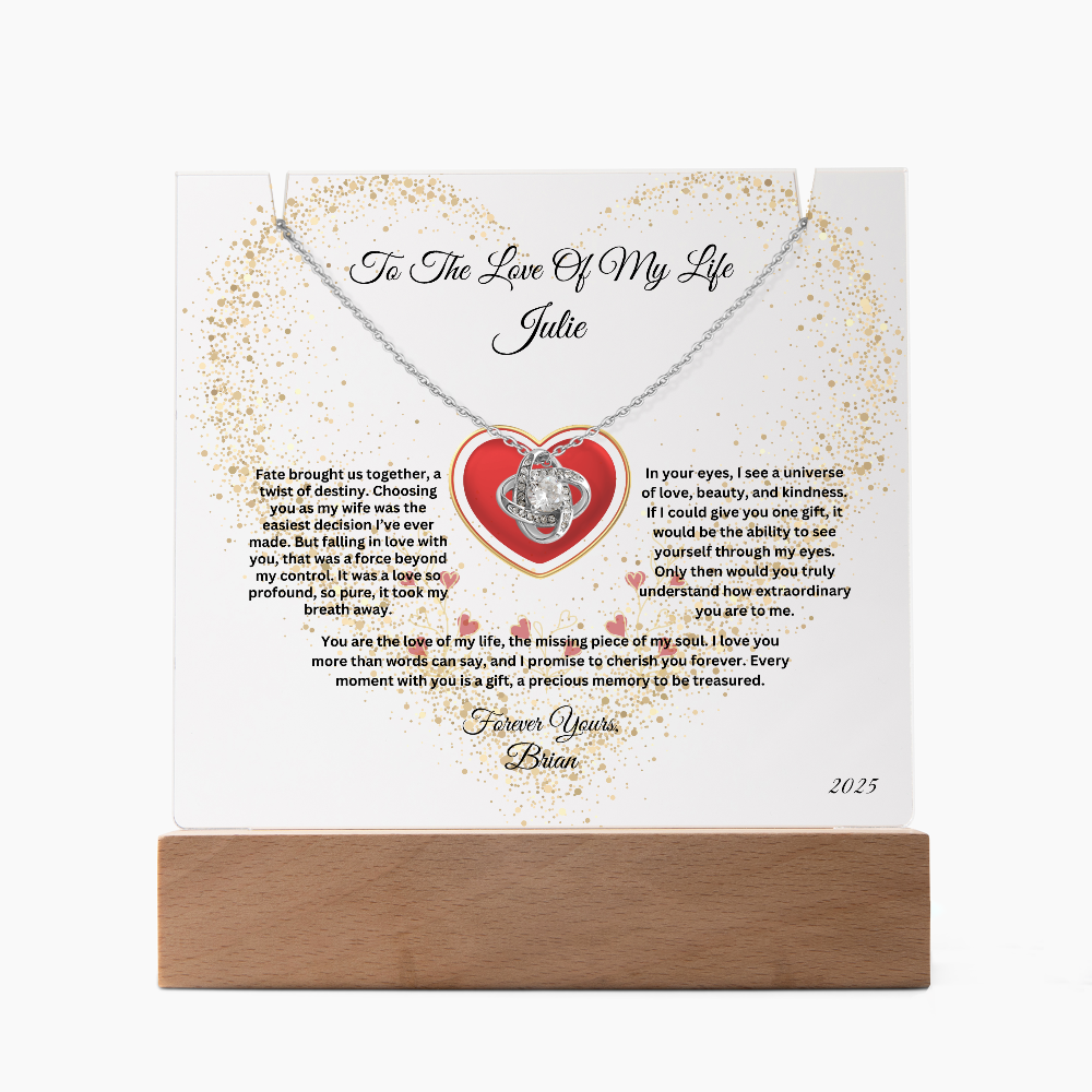 Personalized Love Knot Necklace on LED Keepsake Acrylic  Plaque Bundle Display – Anniversary, Birthday or Valentine's Day Gift for WIfe, for Soulmate