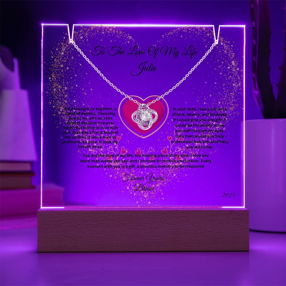 Personalized Love Knot Necklace on LED Keepsake Acrylic  Plaque Bundle Display – Anniversary, Birthday or Valentine's Day Gift for WIfe, for Soulmate