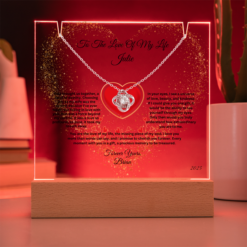 Personalized Love Knot Necklace on LED Keepsake Acrylic  Plaque Bundle Display – Anniversary, Birthday or Valentine's Day Gift for WIfe, for Soulmate