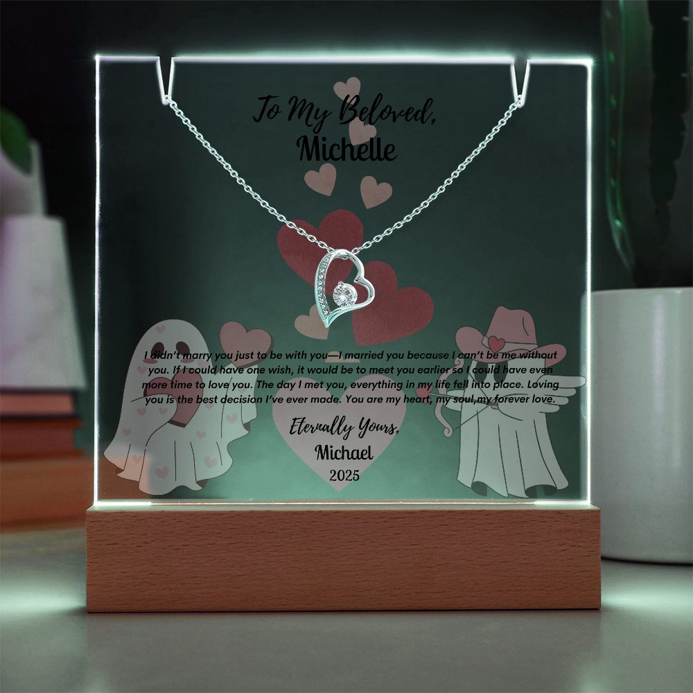 Eternal Love Keepsake Bundle: Personalized Acrylic Display & Forever Love Necklace,Gift For WIfe, Gift For Soulmate