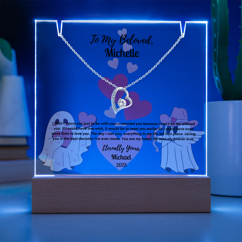 Eternal Love Keepsake Bundle: Personalized Acrylic Display & Forever Love Necklace,Gift For WIfe, Gift For Soulmate