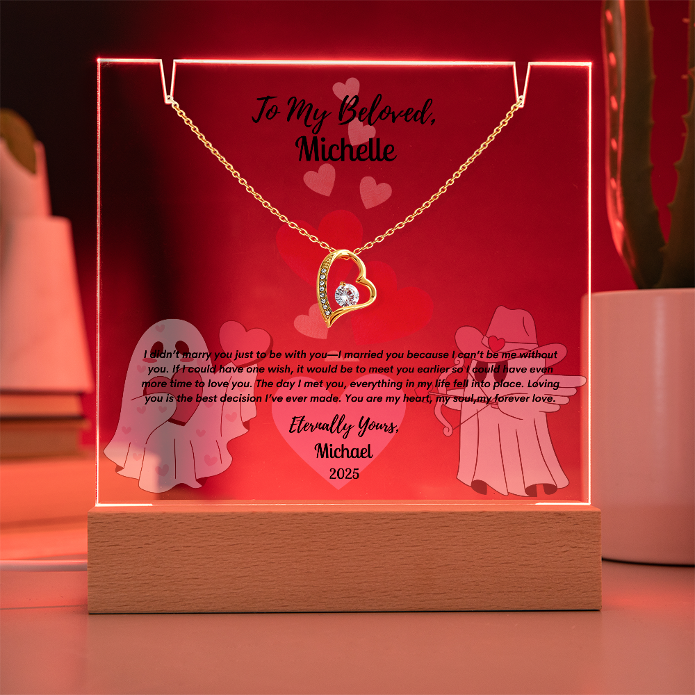 Eternal Love Keepsake Bundle: Personalized Acrylic Display & Forever Love Necklace,Gift For WIfe, Gift For Soulmate