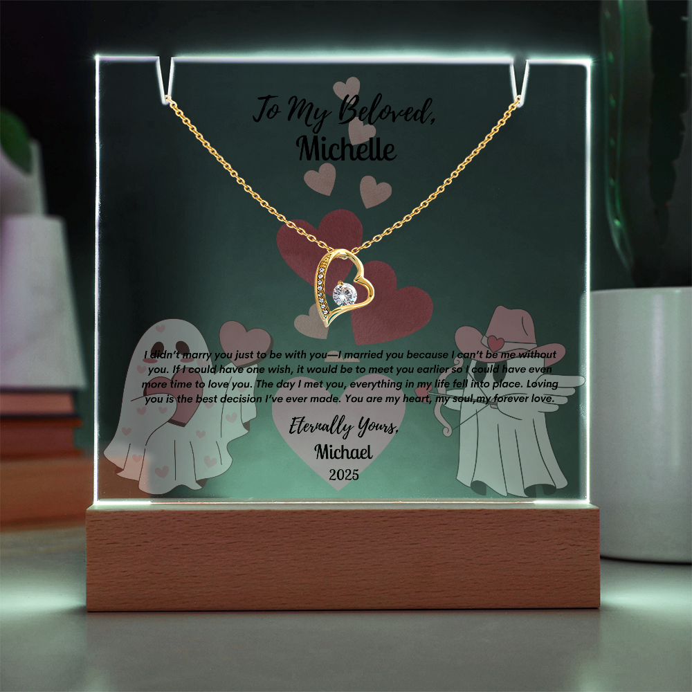 Eternal Love Keepsake Bundle: Personalized Acrylic Display & Forever Love Necklace,Gift For WIfe, Gift For Soulmate