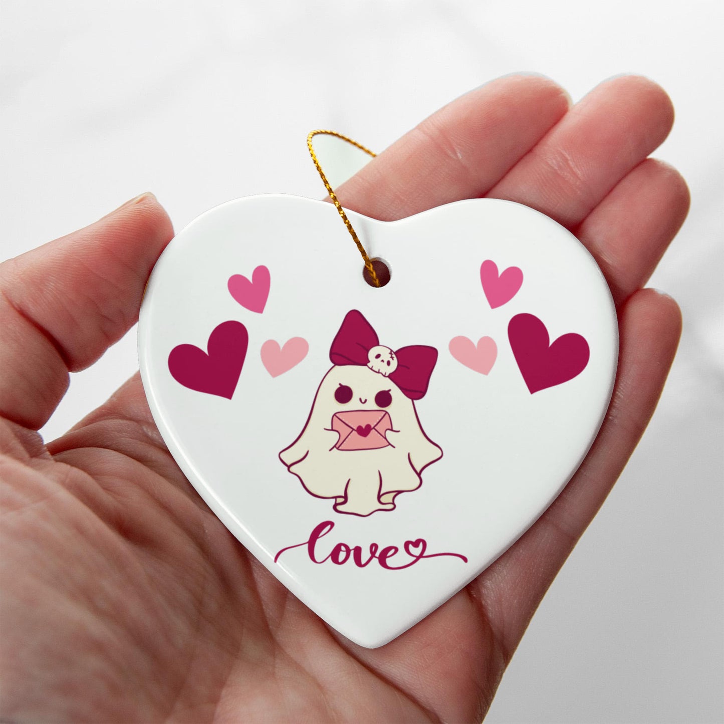 Sweet Ghost Love - Heart-Shaped Ceramic Ornament