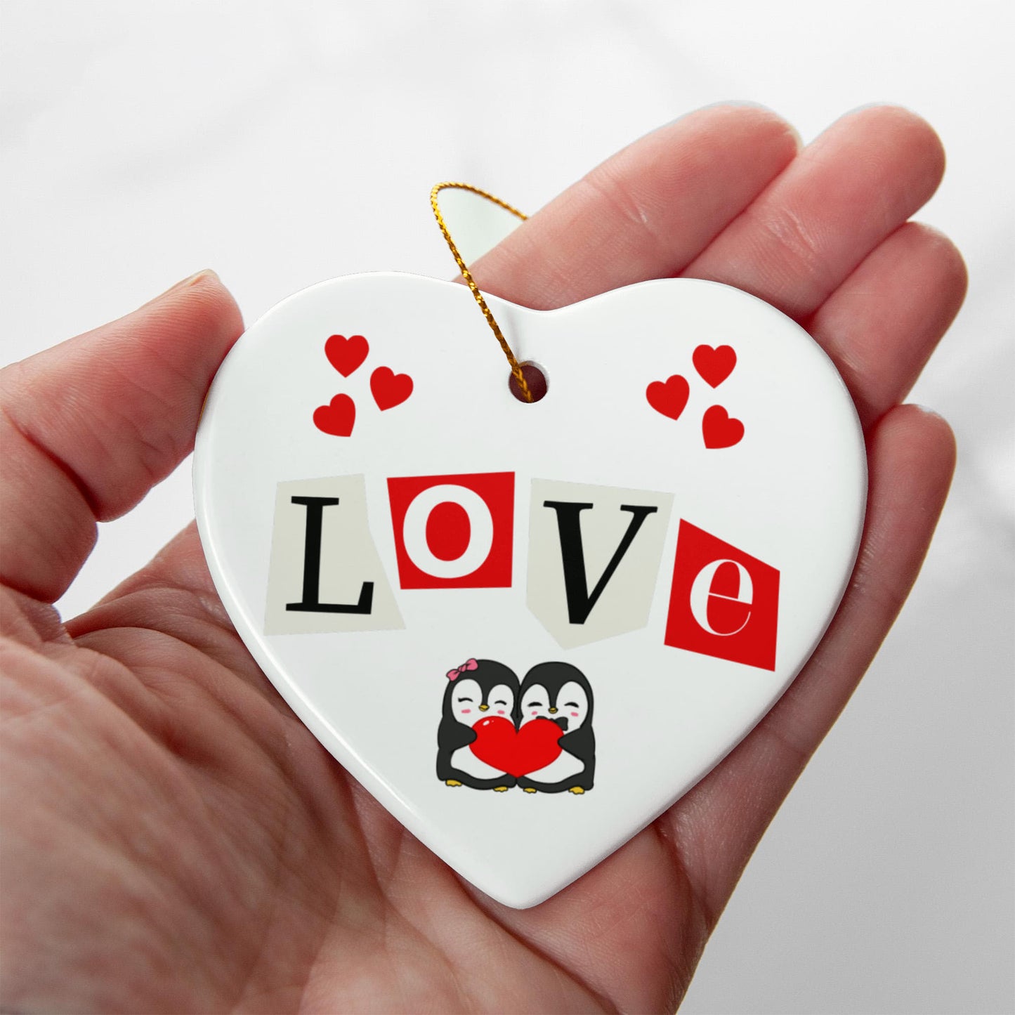 Penguin Love - Ceramic Heart Ornament