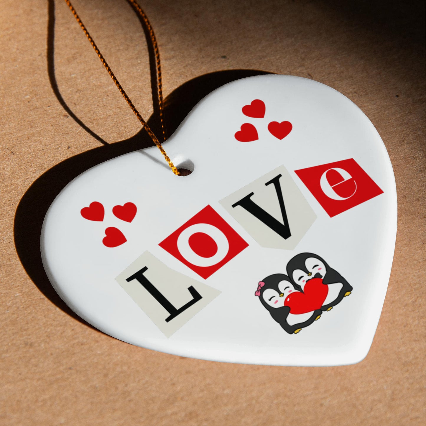 Penguin Love - Ceramic Heart Ornament