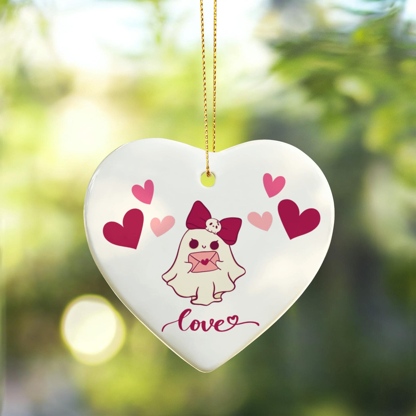 Sweet Ghost Love - Heart-Shaped Ceramic Ornament