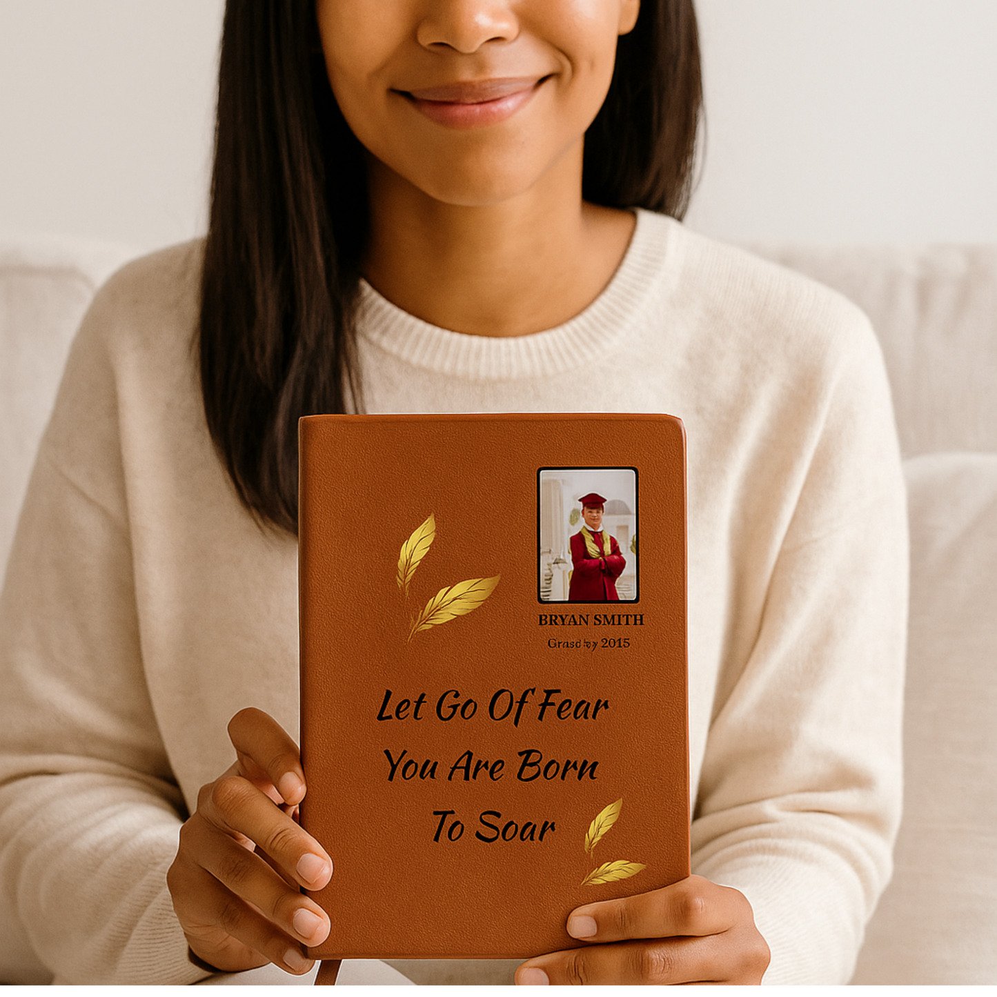 Personalized Graphic Leather Journal  Graduation Gift  For  Son or Daughter – “Let Go of Fear, You Are Born to Soar” with Custom Photo & Name