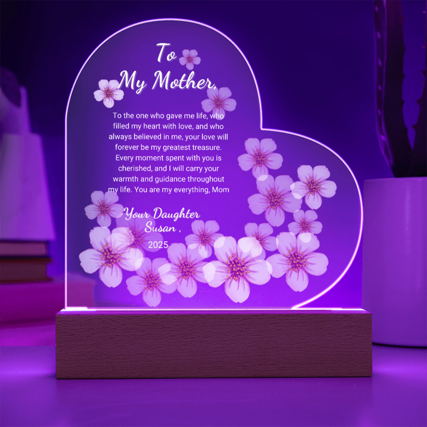 "Personalized Sakura Acrylic Plaque | Custom LED Heart Design | Perfect Gift for Mother’s Day, Anniversaries, and Birthdays